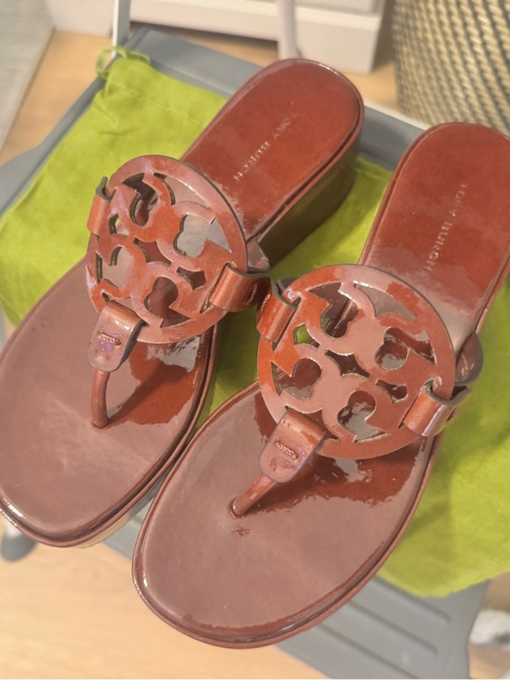 Tory Burch Patent Brown Miller Wedge Sandals